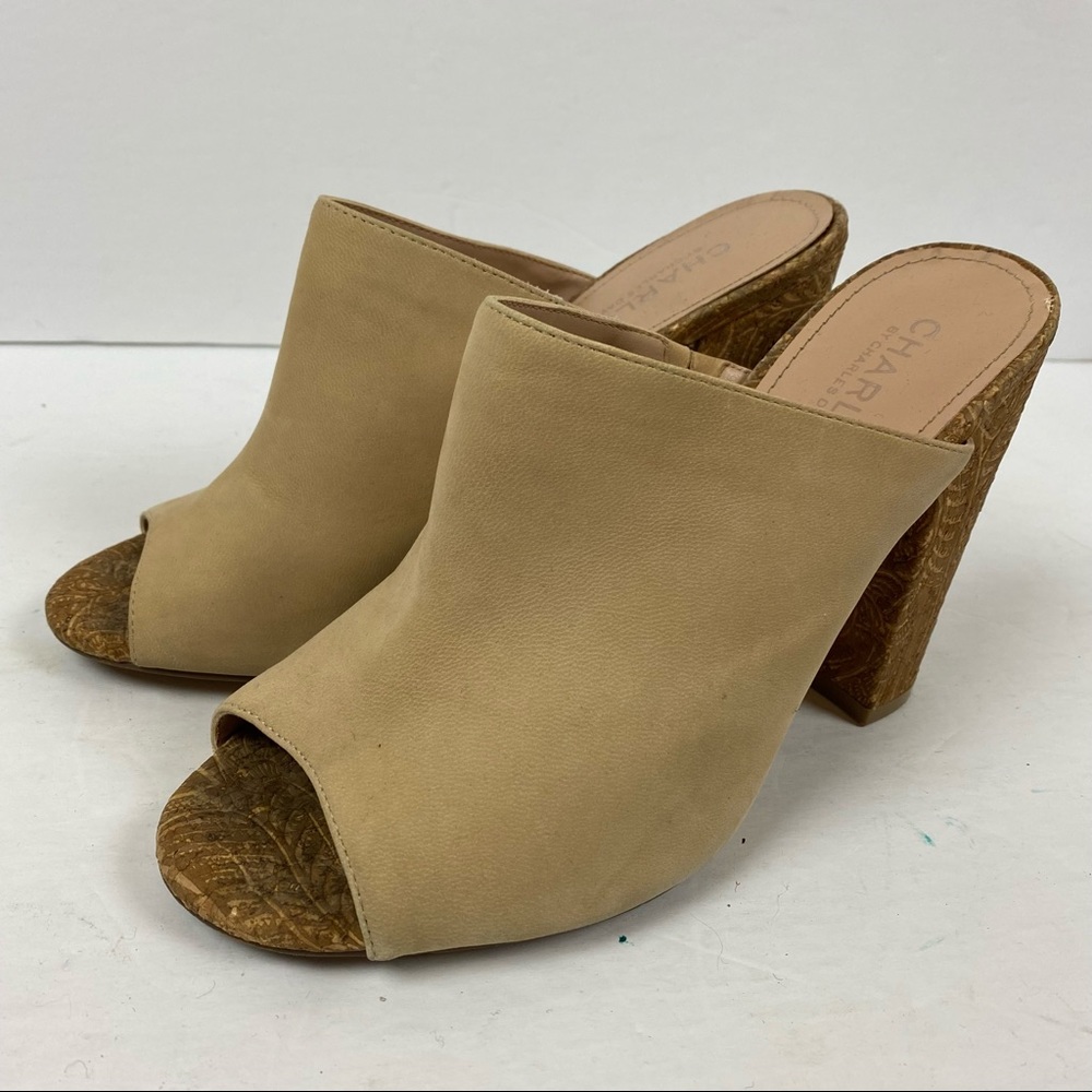 Charles David Nude Cream Open Toe Leather Mules Cork Heel Size  7.5